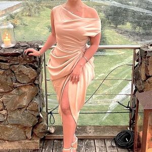 Champagne Satin Off The Shoulder Draped Skirt Midi Dress